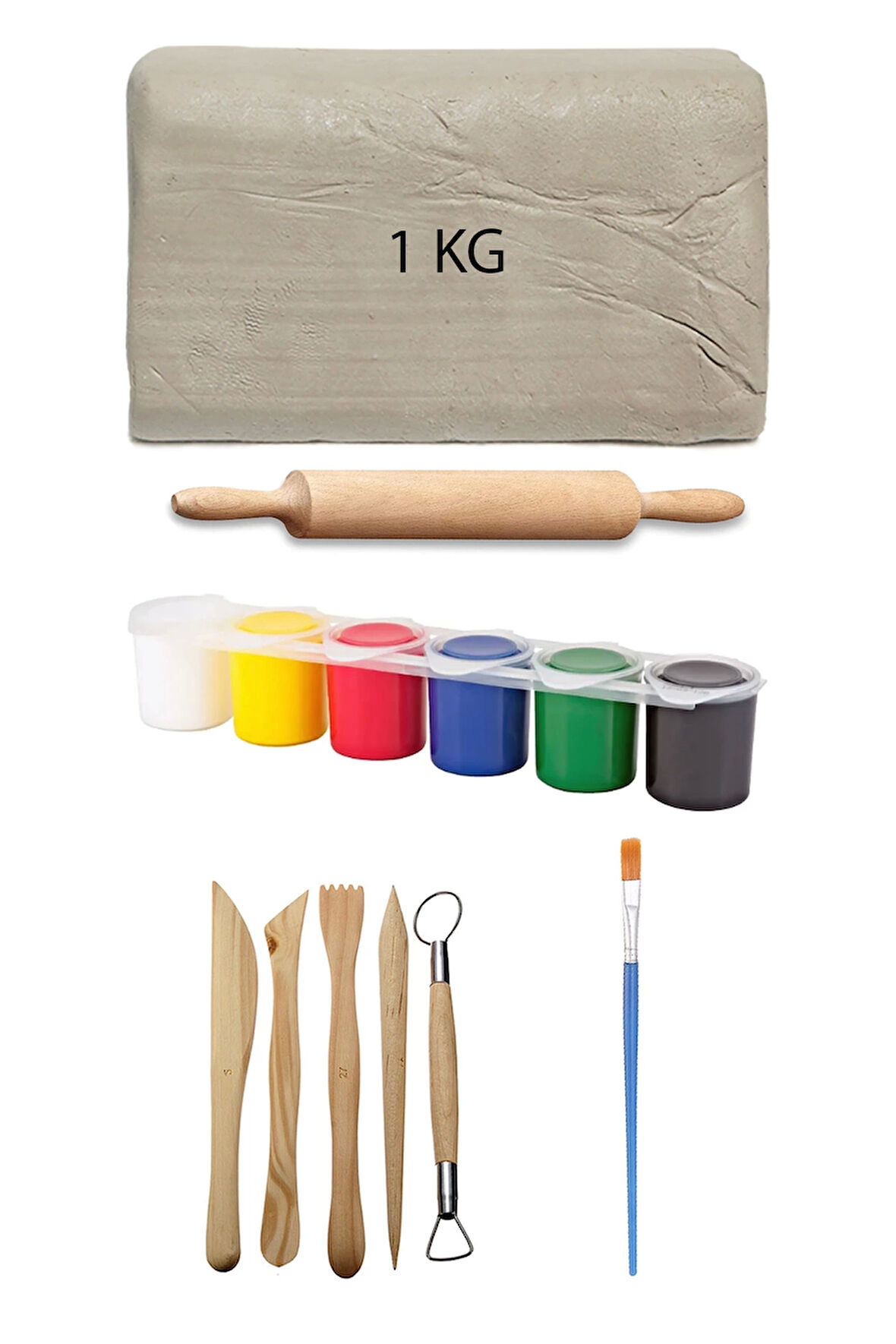 Beyaz Seramik Hamuru 1 kg Kil Ebeşuar Seti 6x15 ml Akrilik Seti Seramik Kil Ahşap Merdane Oyun Hamur