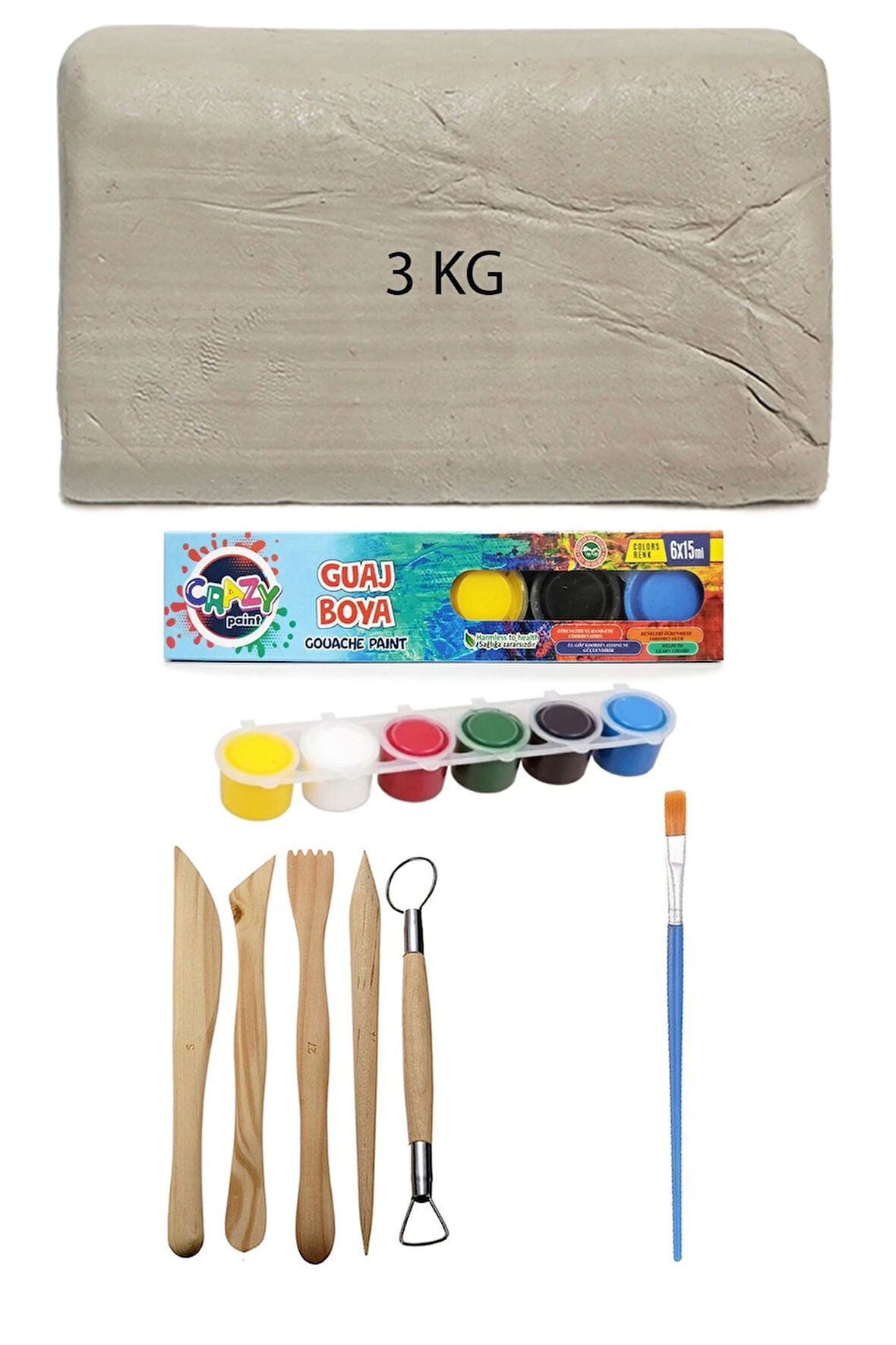 Beyaz Seramik Hamuru 3 kg Kil Ebeşuar Seti 6x15 ml Guaj Boya Seti Düz Fırça Seramik Kili Oyun Hamuru
