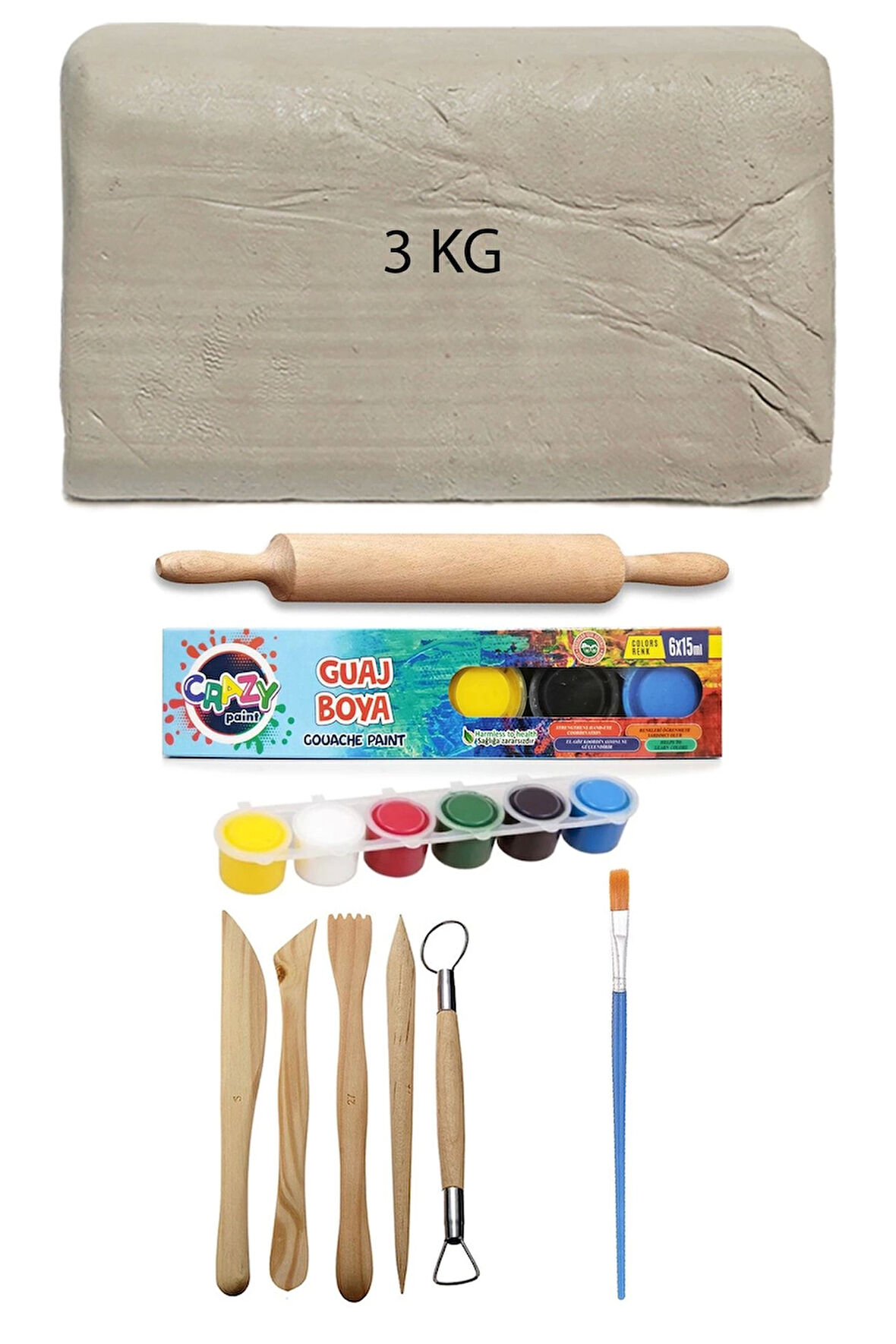 Beyaz Seramik Hamuru 3 kg Kil Ebeşuar Seti 6x15 ml Guaj Seti Seramik Kil Ahşap Merdane Oyun Hamuru