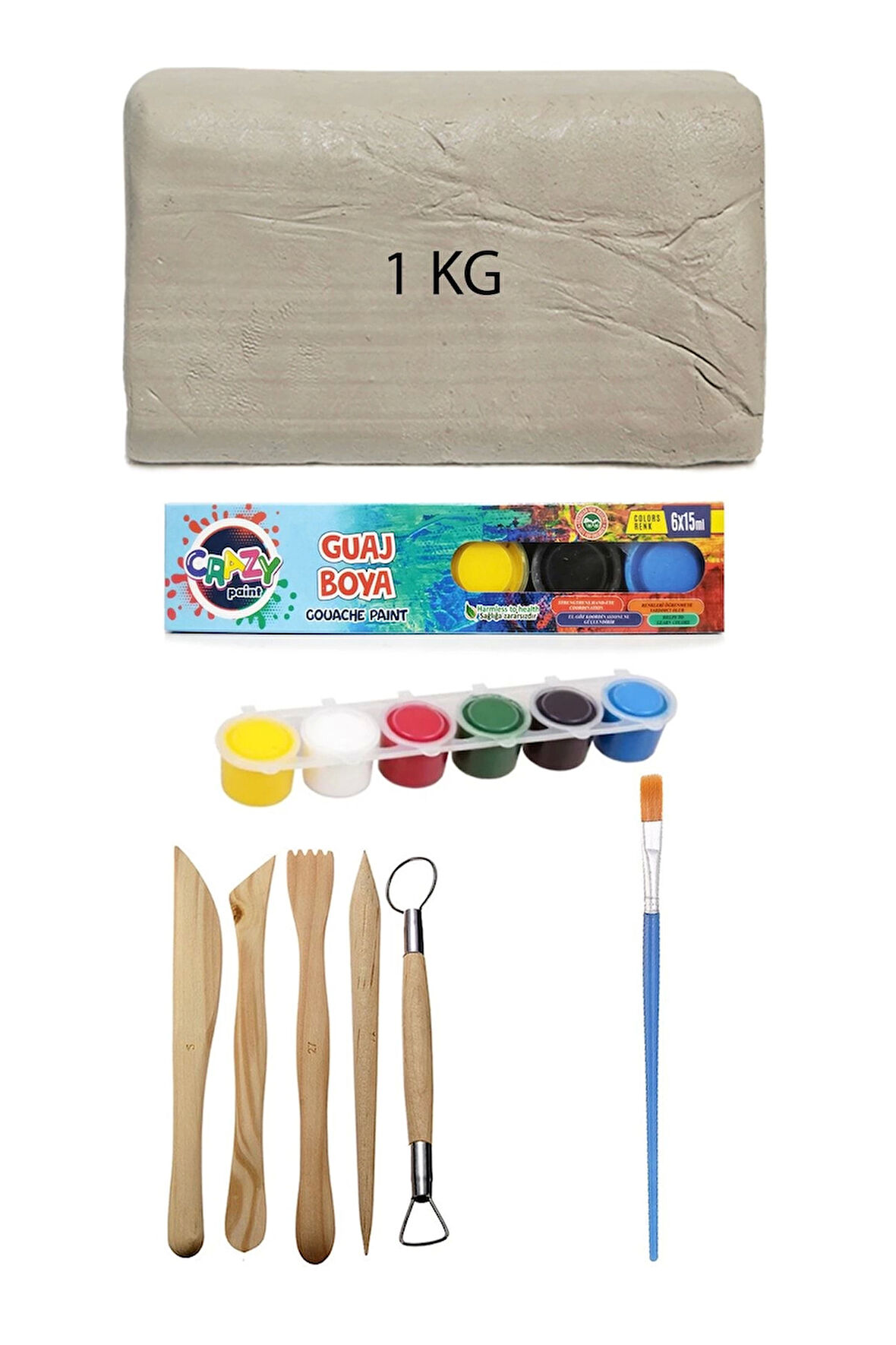 Beyaz Seramik Hamuru 1 kg Kil Ebeşuar Seti 6x15 ml Guaj Boya Seti Düz Fırça Seramik Kili Oyun Hamuru
