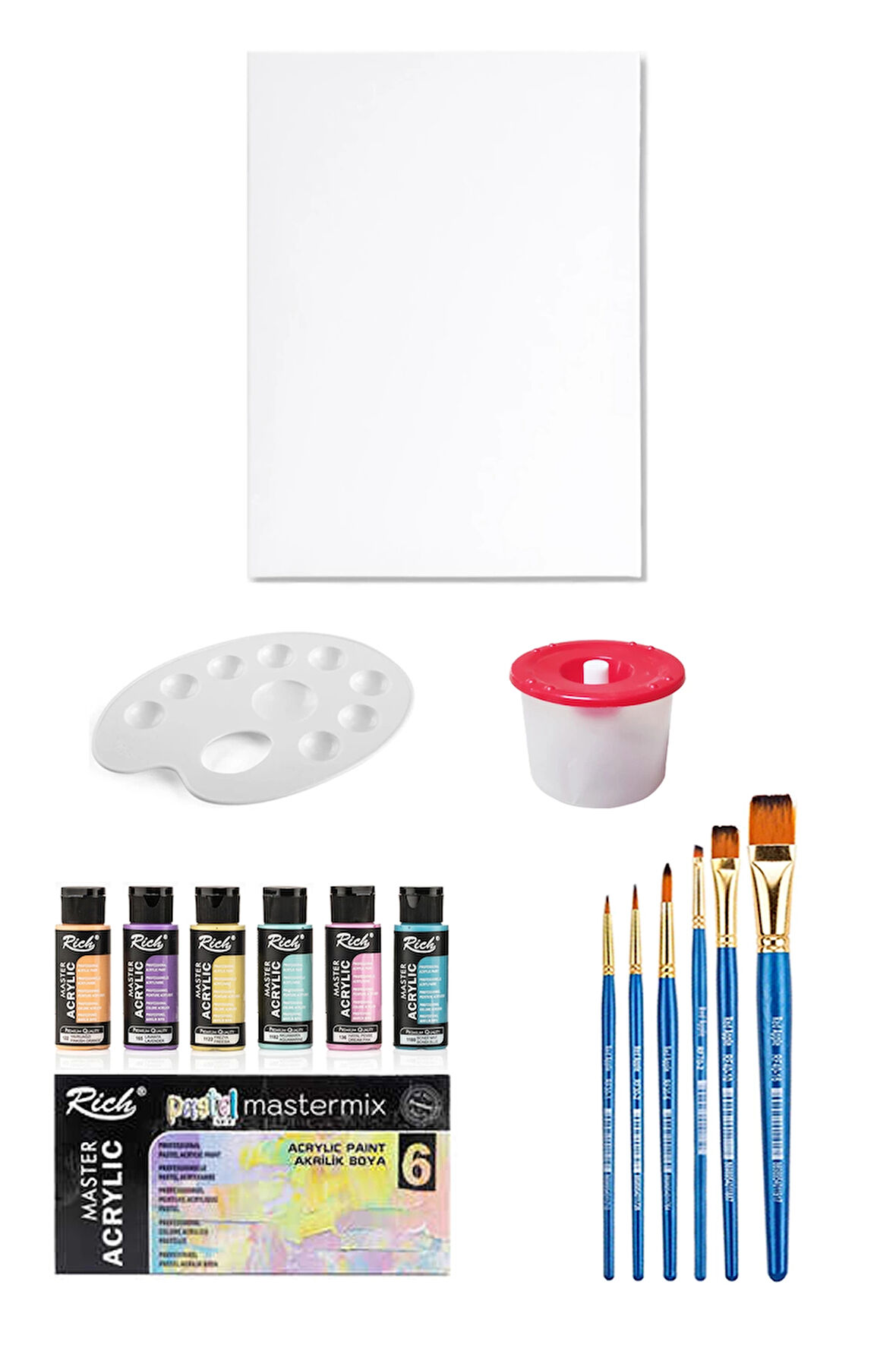 Mastermix Akrilik Boya Seti 60 Cc 6 Pastel Renk Tuval Seti 35x50 Tuval Boyama Seti Su Kabı Palet