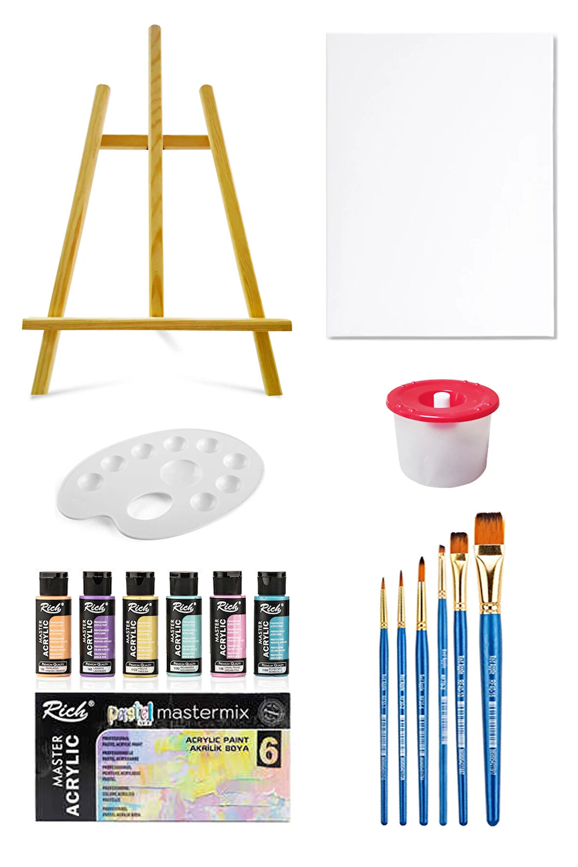 Mastermix Akrilik Boya Seti 60 Cc 6 Pastel Renk Masaüstü Şövale Seti Tuval Seti 35x50 Boyama Seti