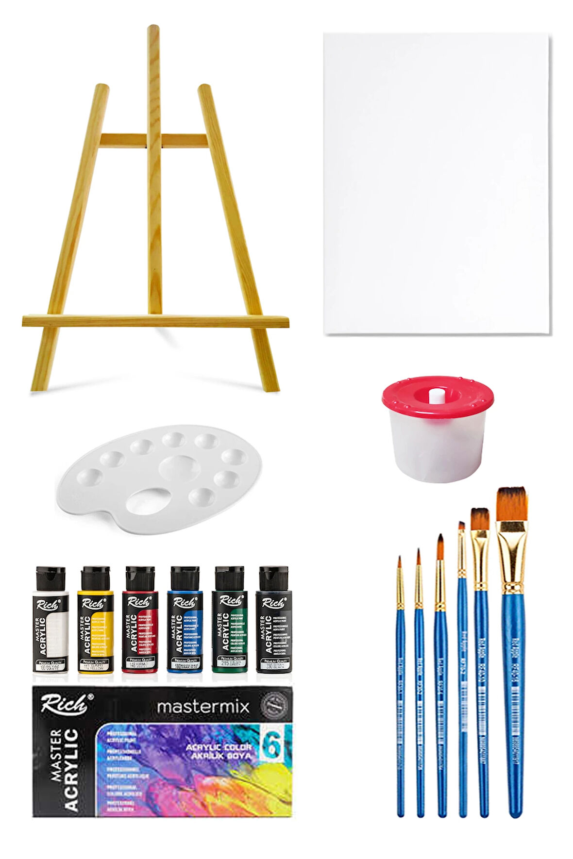 Mastermix Akrilik Boya Seti 60 Cc 6 Ana Renk Masaüstü Şövale Seti Tuval Seti 35x50 Tuval Boyama Seti