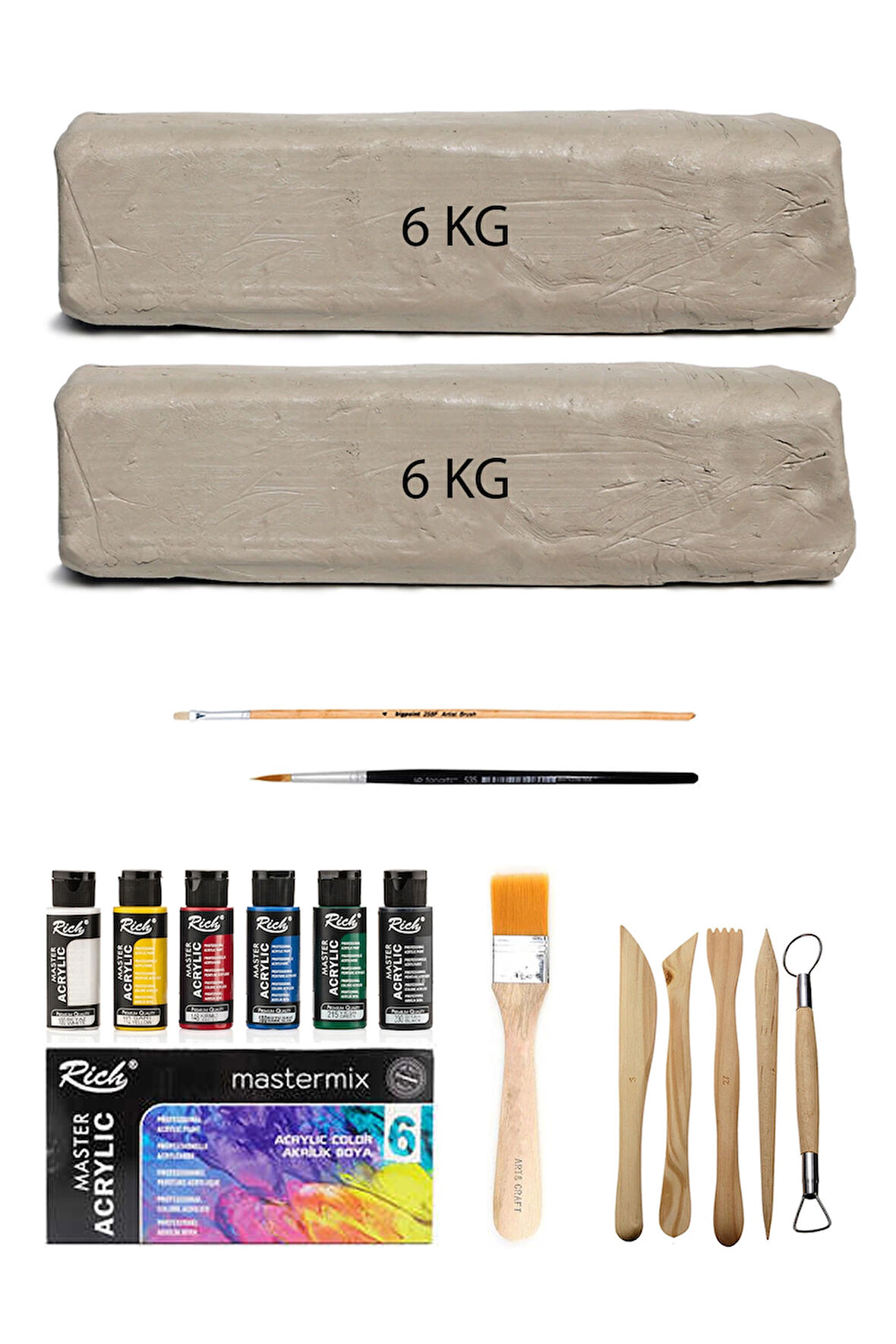 Beyaz Seramik Hamuru 12 Kg Master Mix Akrilik Set Ana Renk 6lı 60cc Ebeşuar Seti Kil Çamur Seti