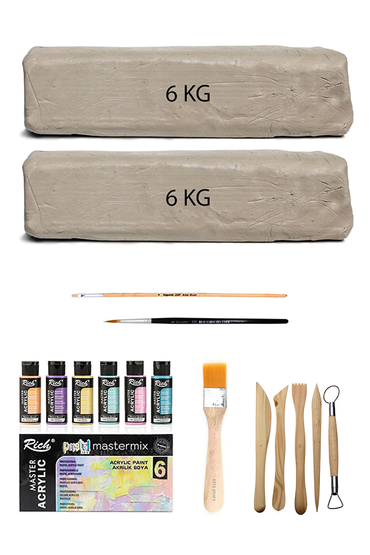 Beyaz Seramik Hamuru 12 Kg Master Mix Akrilik Set Pastel 6lı 60cc Ebeşuar Seti Kil Çamur Seti
