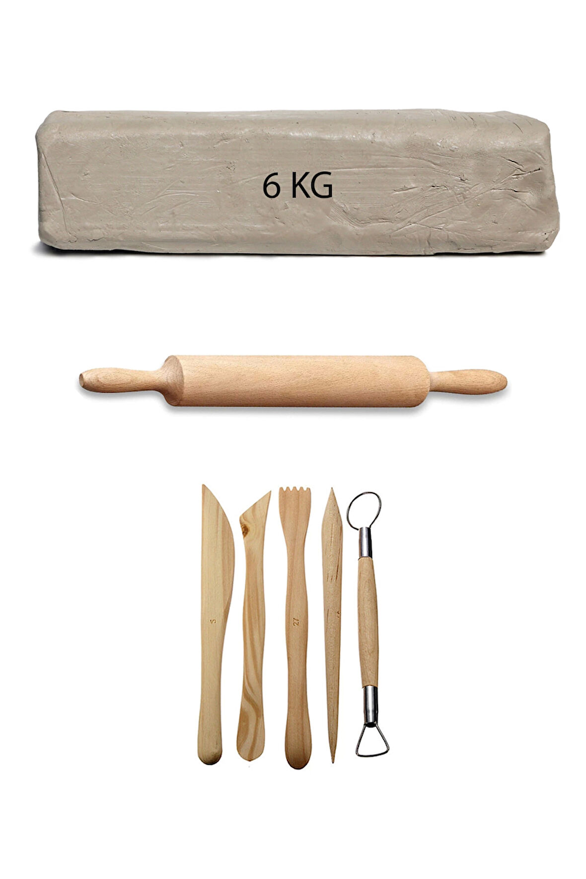 Beyaz Seramik Hamuru 6 Kg Ebeşuar Seti Ahşap Merdane Kil Seti Seramik Çamuru Seti