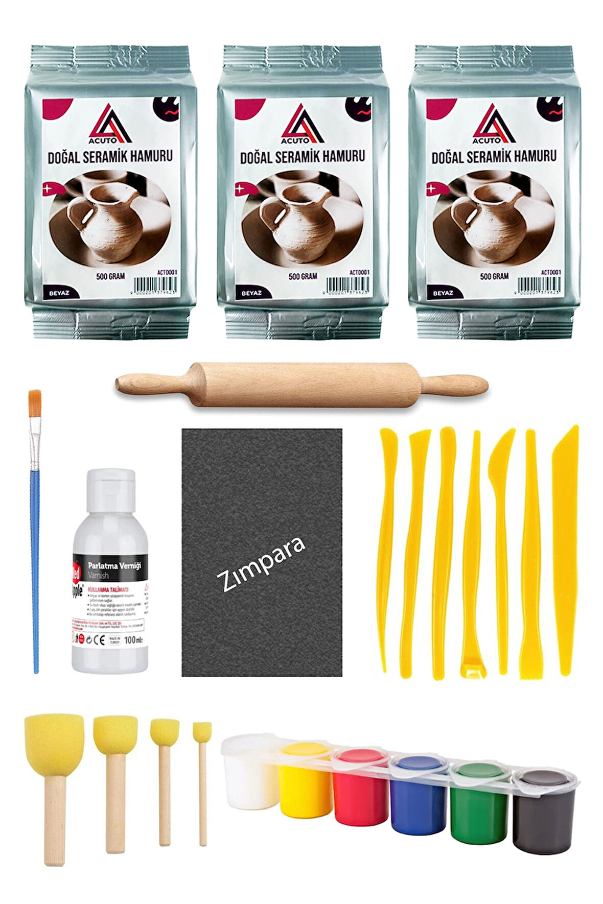 Seramik Hamuru 1,5 Kg Ebeşuar Seti 6x15 ml Akrilik Set 100 ml Vernik Ahşap Merdane Zımpara Doğal Kil