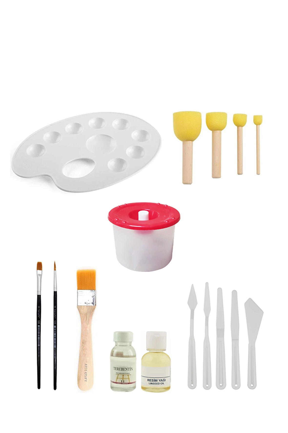 Palet Ponpon Fırça Düz Yuvarlak Fırça Resim Yağı Terebentin Su Kabı Plastik Spatula Seti Zemin Fırça