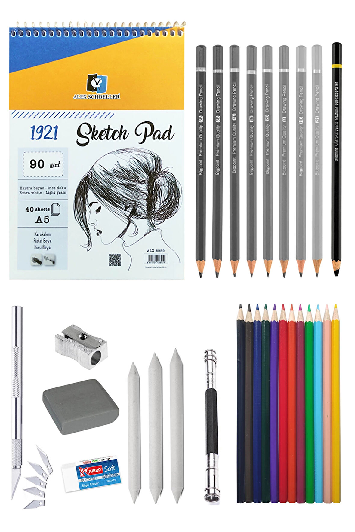 Alex Schoeller A5 Eskiz Defteri 90g Eskiz Seti Dereceli Kalem Set Kuruboya 12li Karakalem Çizim Seti