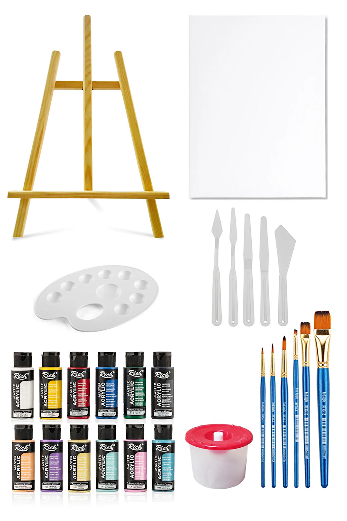 Mastermix Akrilik Boya Seti 6 Ana Renk 6 Pastel Renk Masaüstü Şövale Tuval Seti 35x50 Plastik Spatül