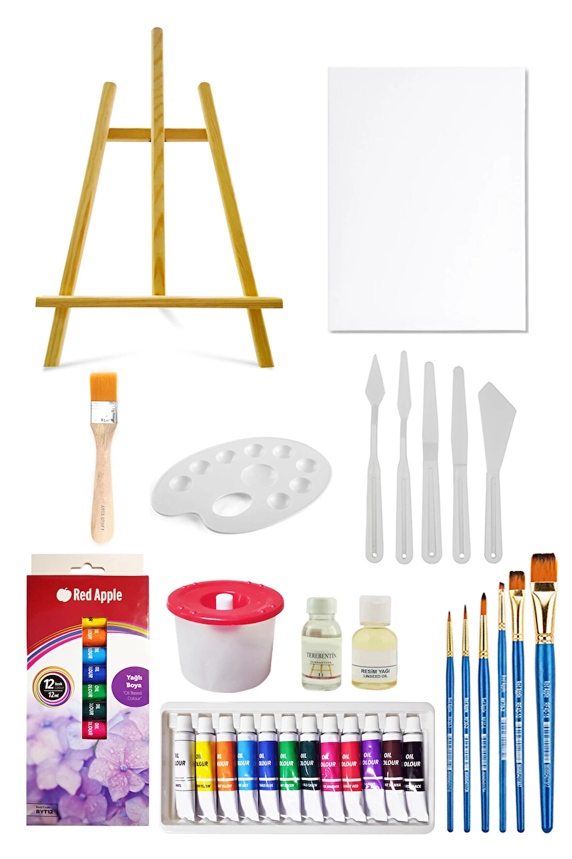 Mini Şövale Seti Tüp Yağlı Boya Seti 12'li Plastik Spatula Seti 25x35 Tuval Seti