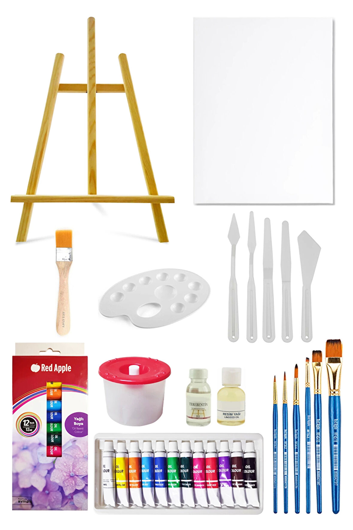 Masaüstü Şövale Seti Tüp Yağlı Boya Seti 12li Plastik Spatula Seti 35x50 Tuval Seti