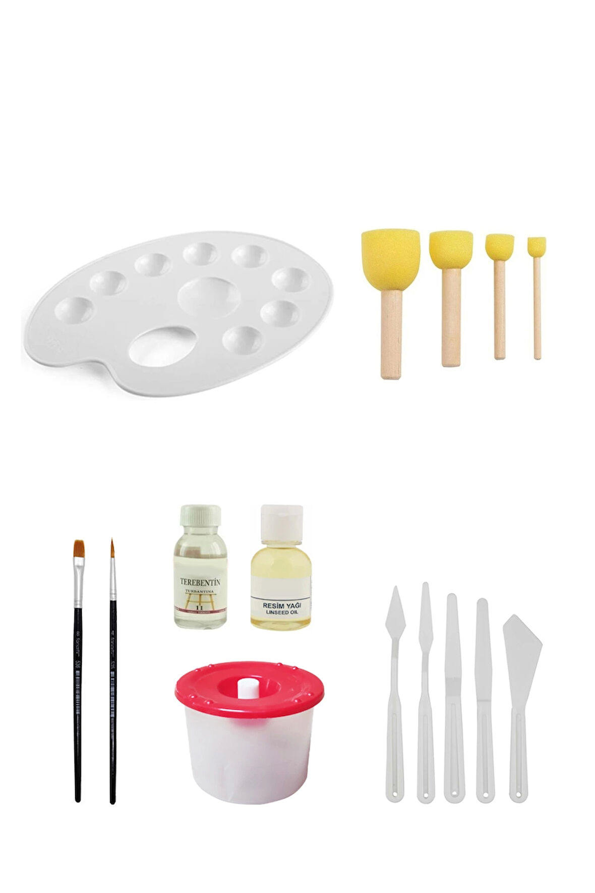 Godeli Palet Ponpon Fırça Seti Düz Yuvarlak Fırça Resim Yağı Terebentin Su Kabı Plastik Spatula Seti