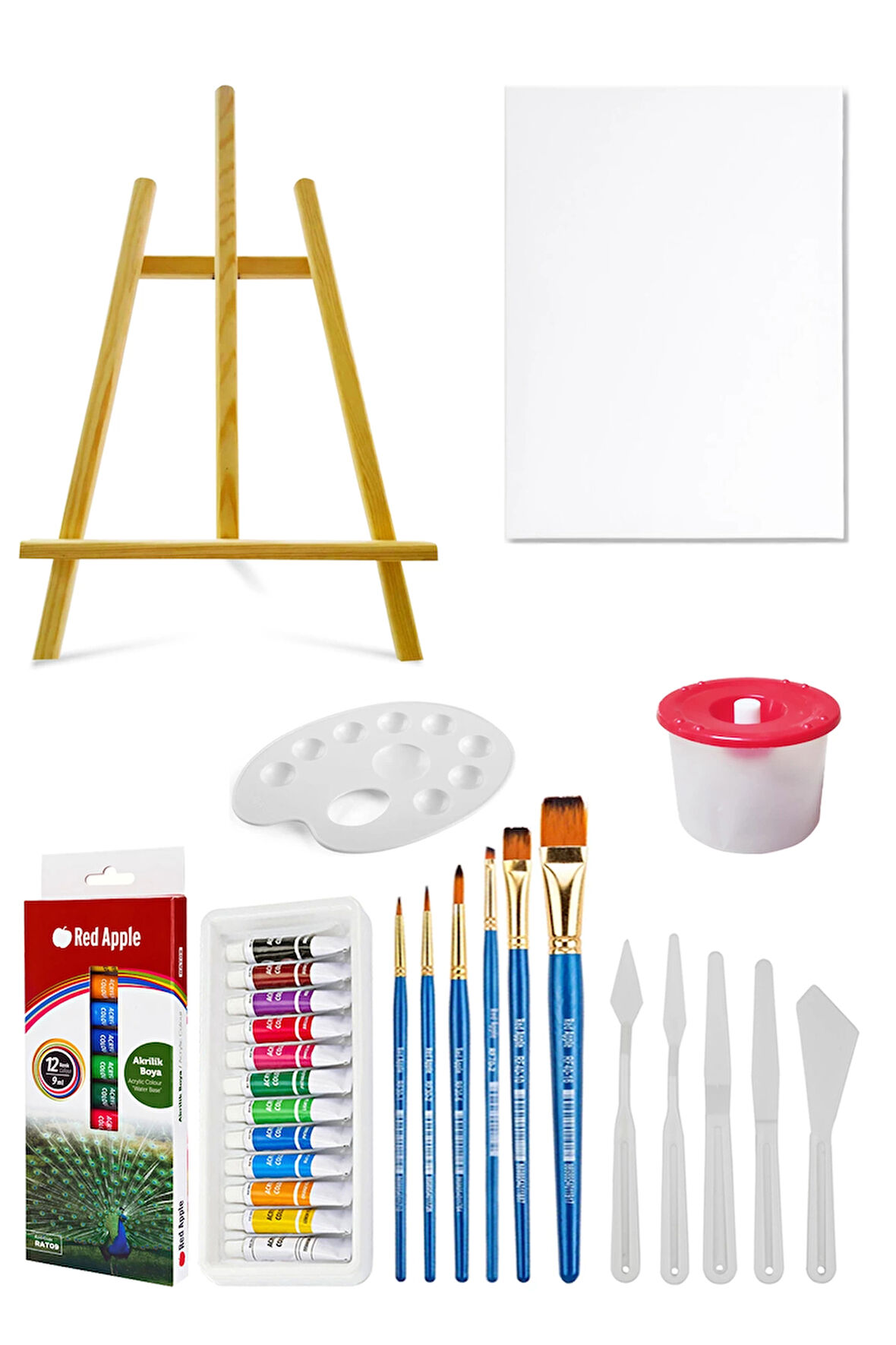 Mini Şövale Akrilik Boya Seti 9 ml 12 Renk Tuval Seti 25x35 Plastik Spatula Seti