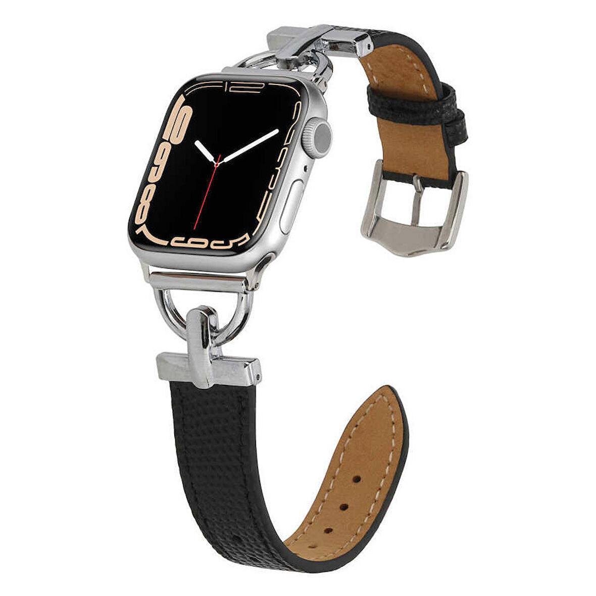 Apple Watch Uyumlu 7 41mm KRD-53 Deri Kordon (Siyah-Gümüş) 