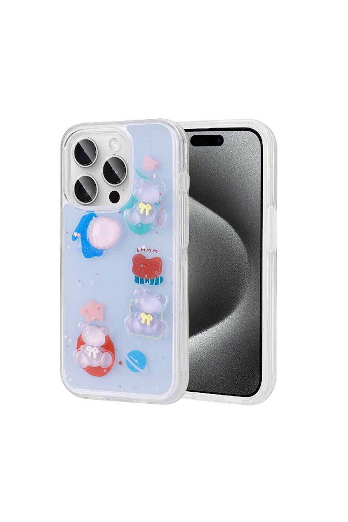 Apple iPhone 15 Pro Uyumlu Kılıf Kabartma Figürlü Parlak Minimini Silikon Kapak Mor