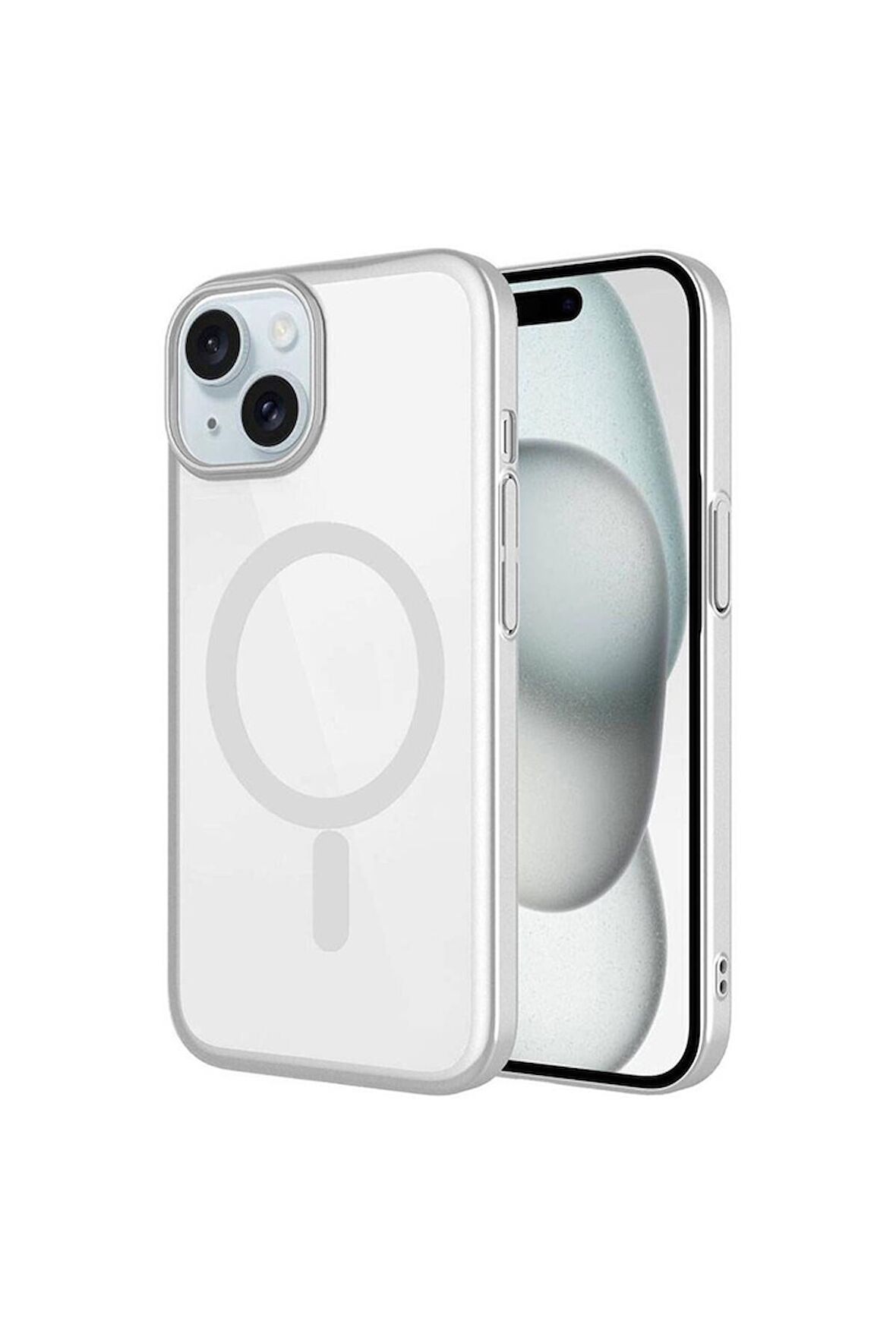 Apple iPhone 15 Uyumlu Kılıf Wireless Şarj Özellikli Sert PC Mat Riksos Magsafe Kapak Gümüş