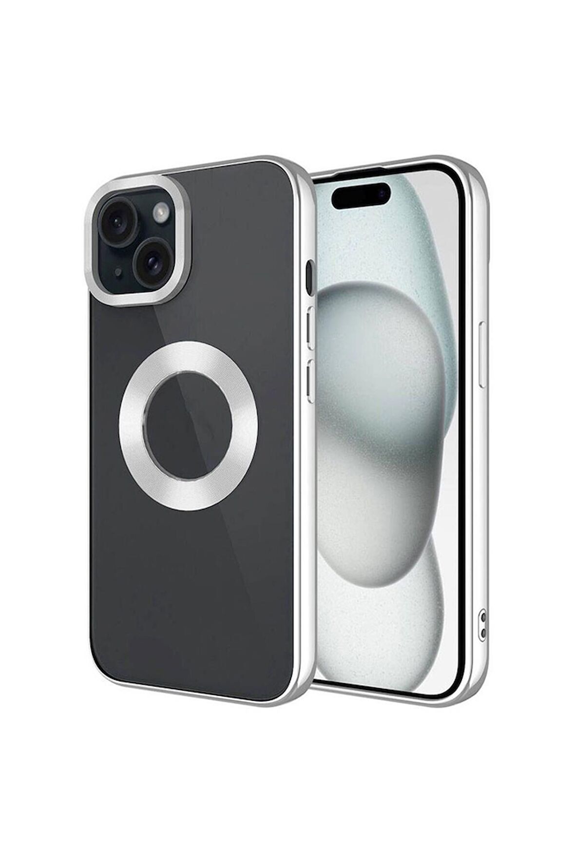Apple iPhone 15 Plus Uyumlu Kılıf Tek Kamera Çerçeveli Logo Gösteren Omega Kapak Gümüş