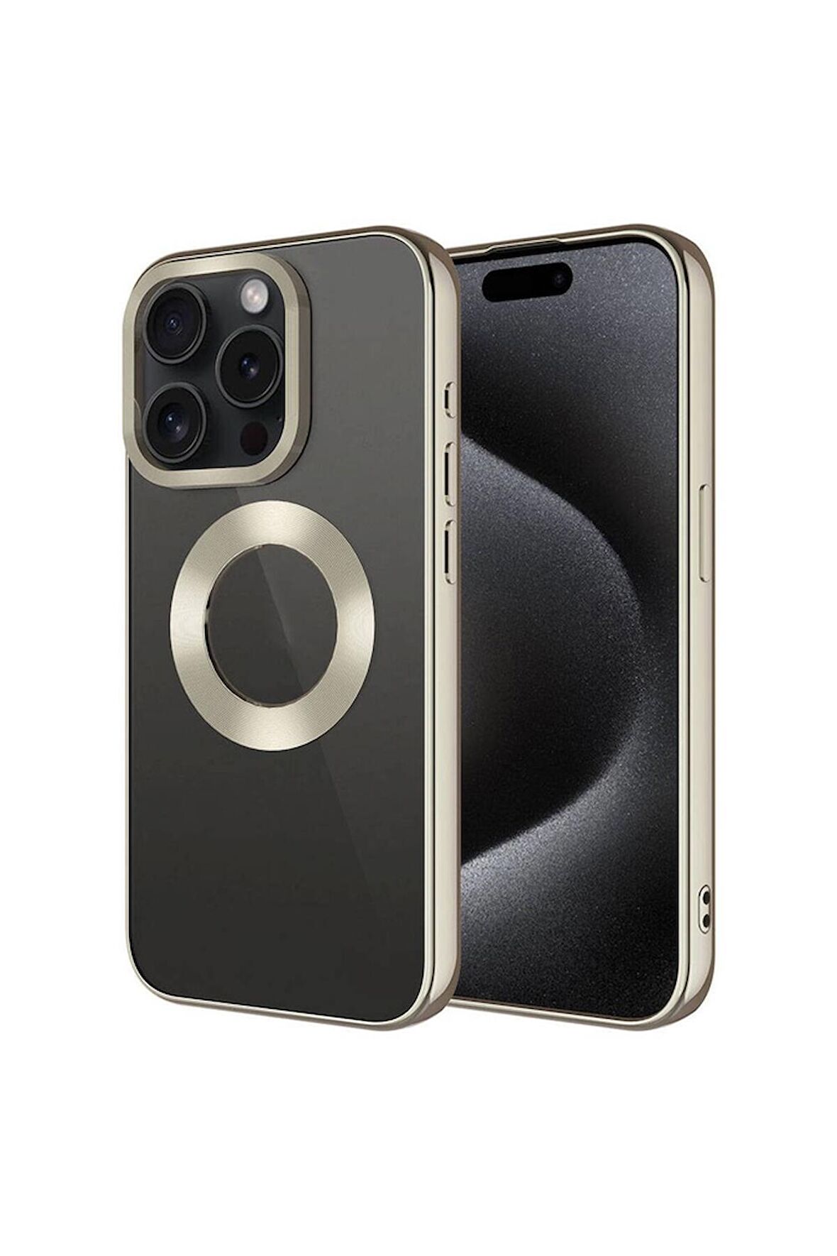 Apple iPhone 15 Pro Uyumlu Kılıf Tek Kamera Çerçeveli Logo Gösteren Omega Kapak Titanyum