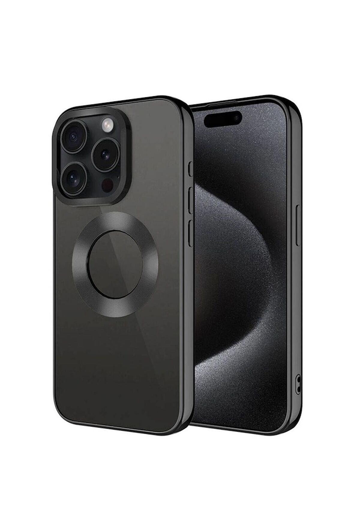 Apple iPhone 15 Pro Max Uyumlu Kılıf Tek Kamera Çerçeveli Logo Gösteren Omega Kapak Siyah
