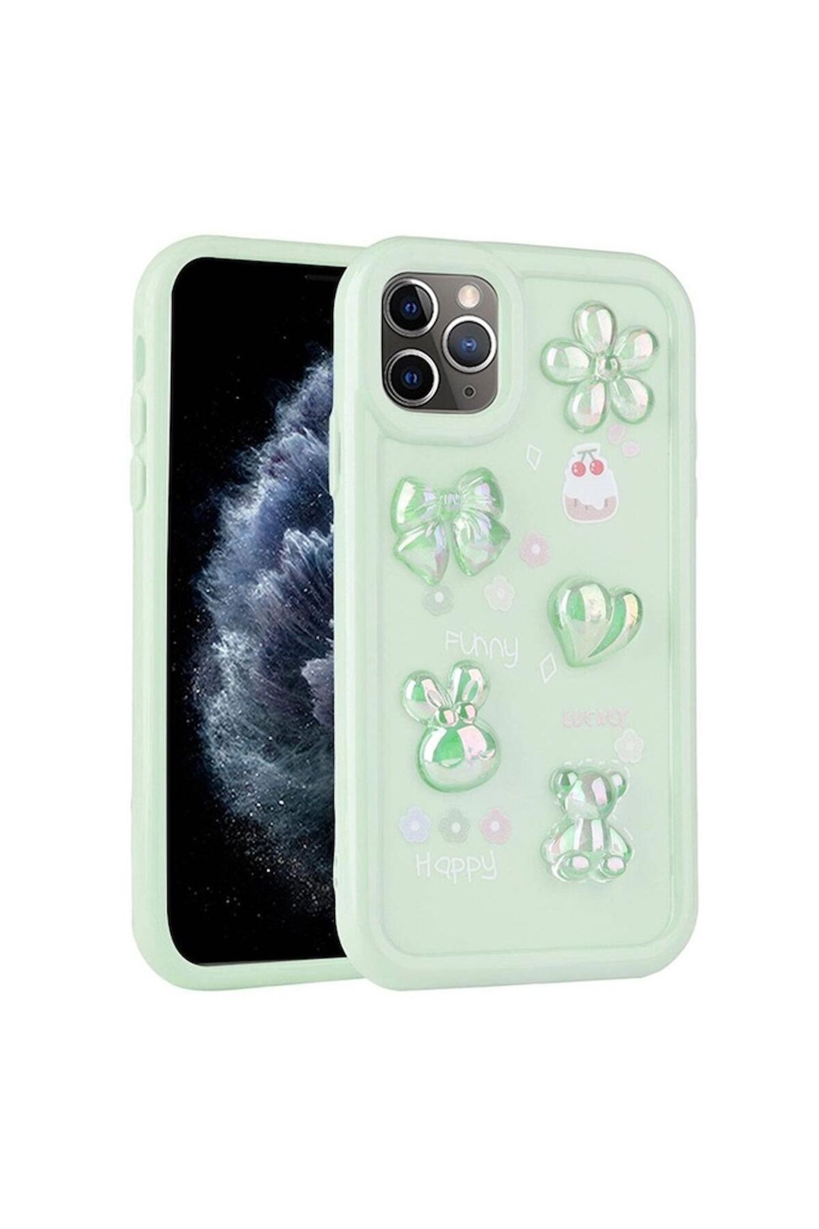 Apple iPhone 11 Pro Max Uyumlu Kılıf Kabartma Figürlü Parlak Toys Silikon Kapak Açık Yeşil