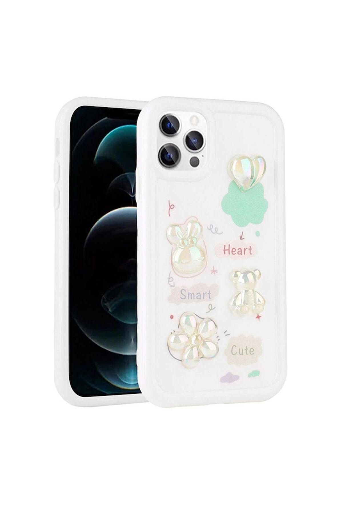 Apple iPhone 12 Pro Max Uyumlu Kılıf Kabartma Figürlü Parlak Toys Silikon Kapak Beyaz