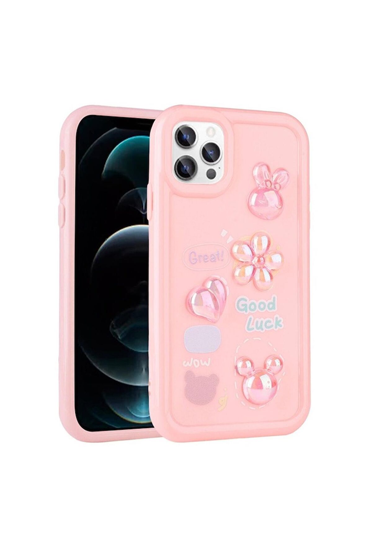 Apple iPhone 13 Pro Max Uyumlu Kılıf Kabartma Figürlü Parlak Toys Silikon Kapak Pembe