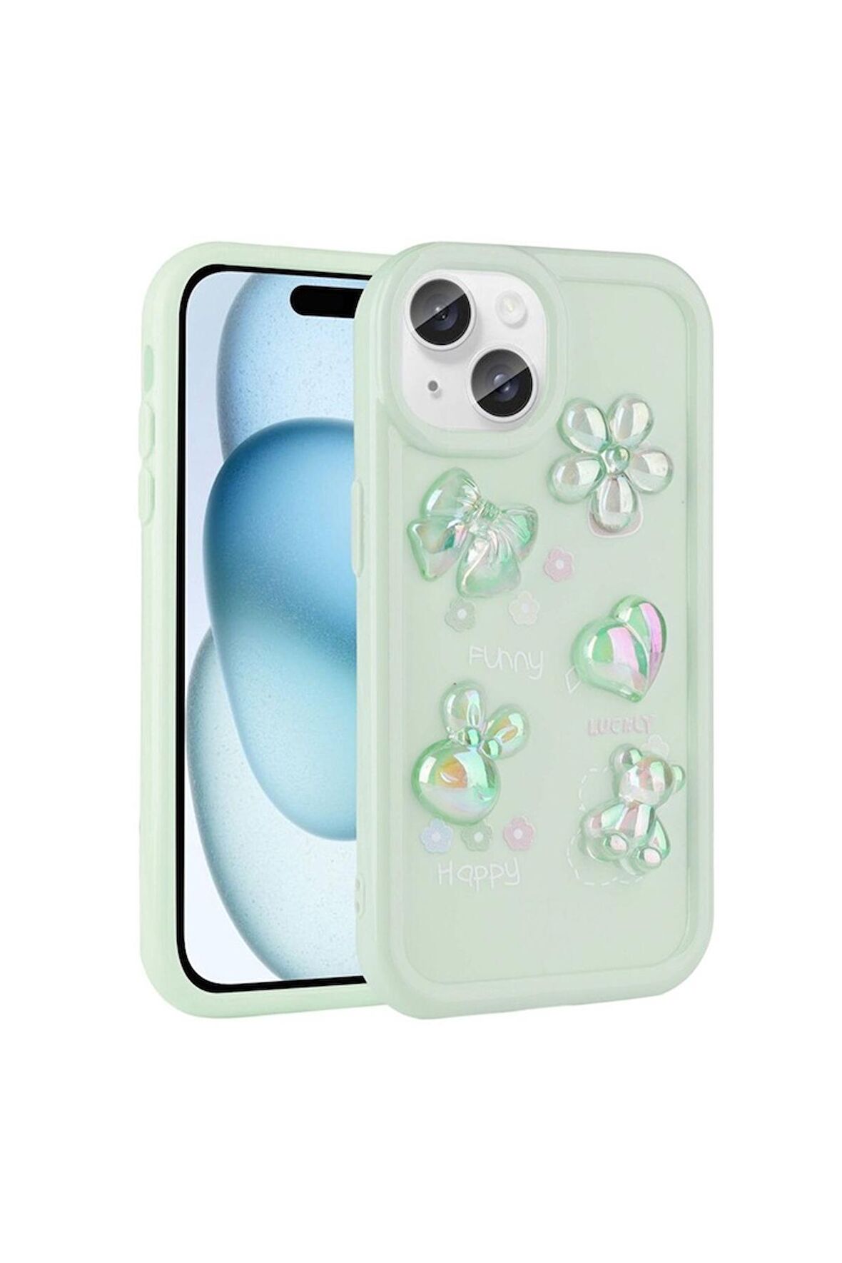 Apple iPhone 15 Uyumlu Kılıf Kabartma Figürlü Parlak Toys Silikon Kapak Açık Yeşil
