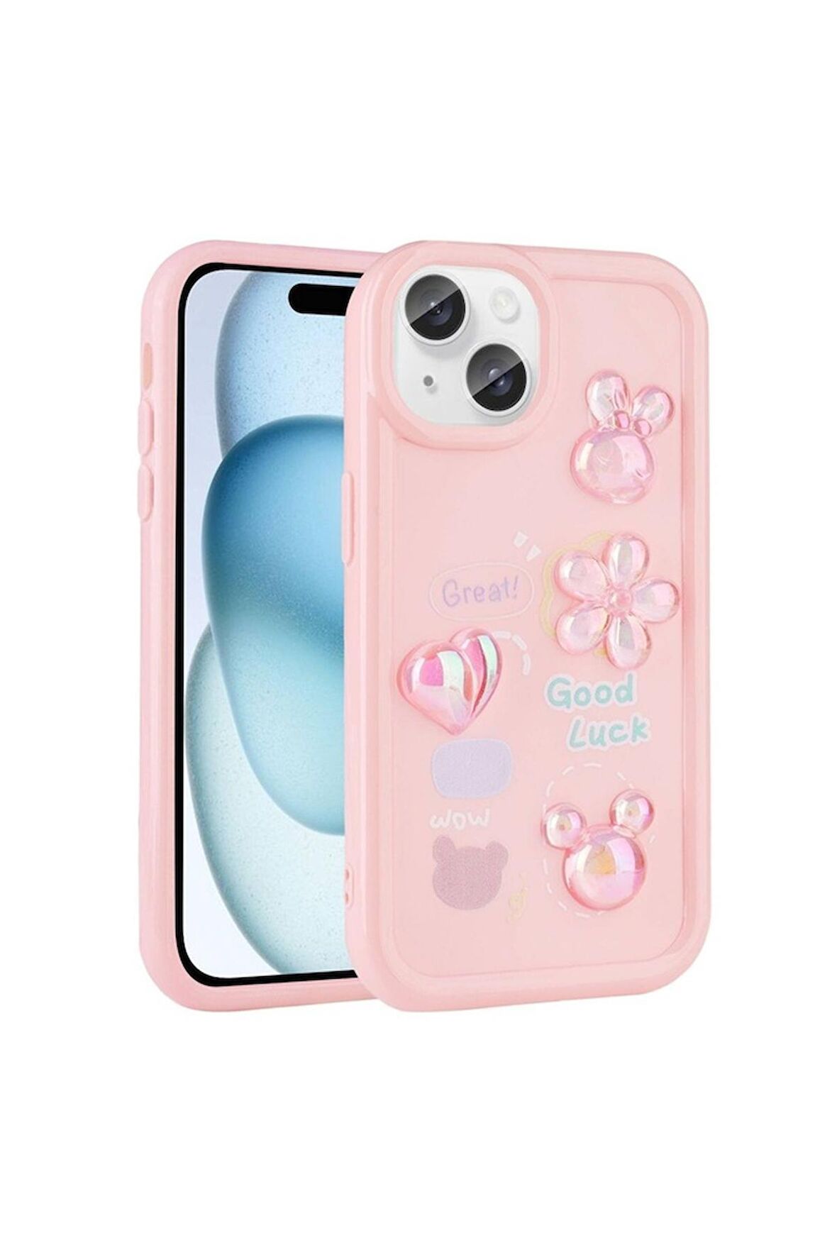 Apple iPhone 15 Plus Uyumlu Kılıf Kabartma Figürlü Parlak Toys Silikon Kapak Pembe