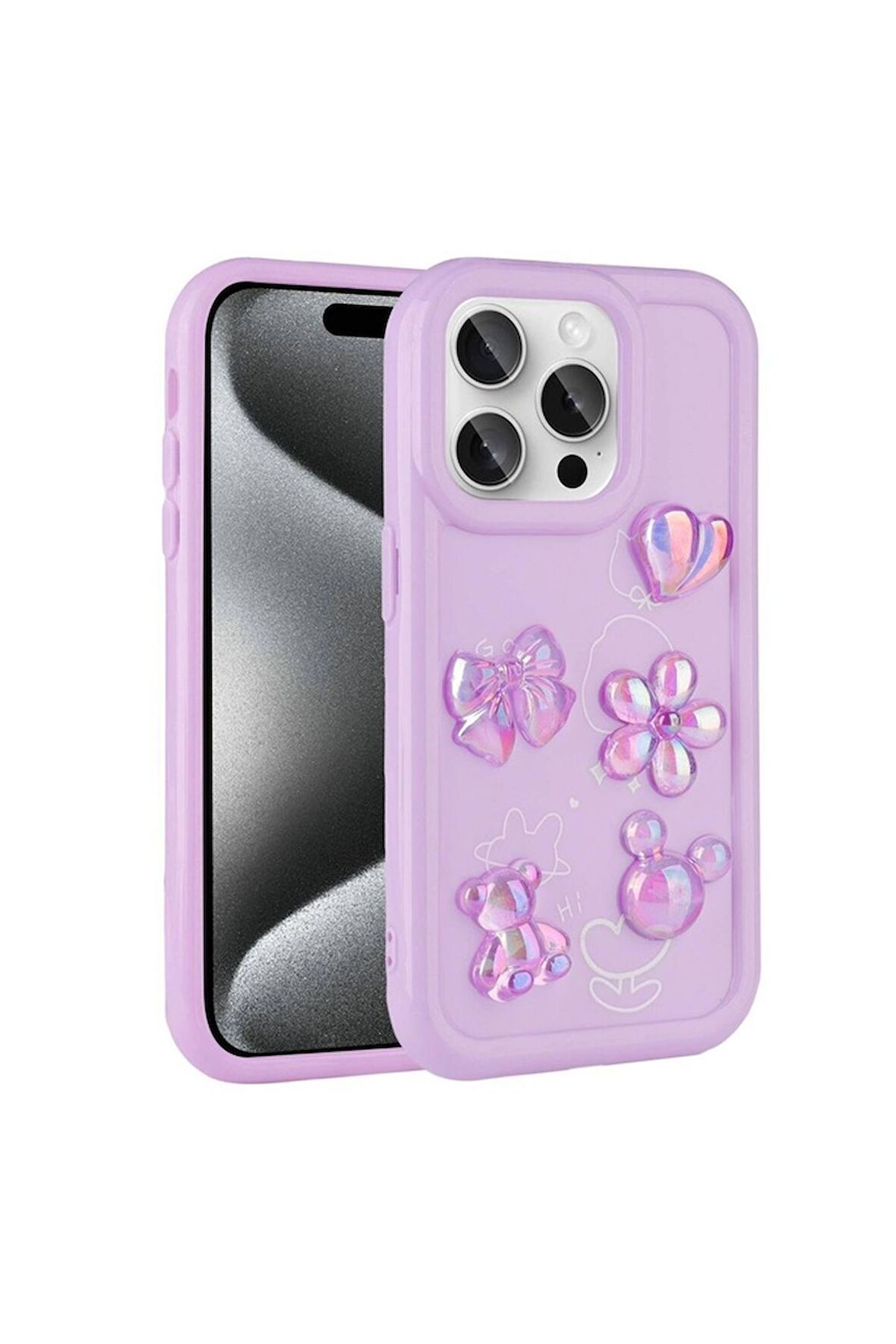Apple iPhone 15 Pro Max Uyumlu Kılıf Kabartma Figürlü Parlak Toys Silikon Kapak Mor