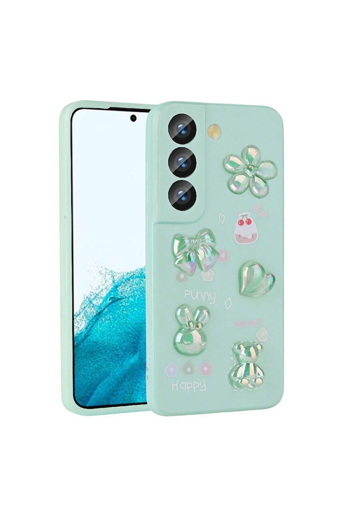 Samsung Galaxy S21 FE Uyumlu Kılıf Kabartma Figürlü Parlak Toys Silikon Kapak Açık Yeşil