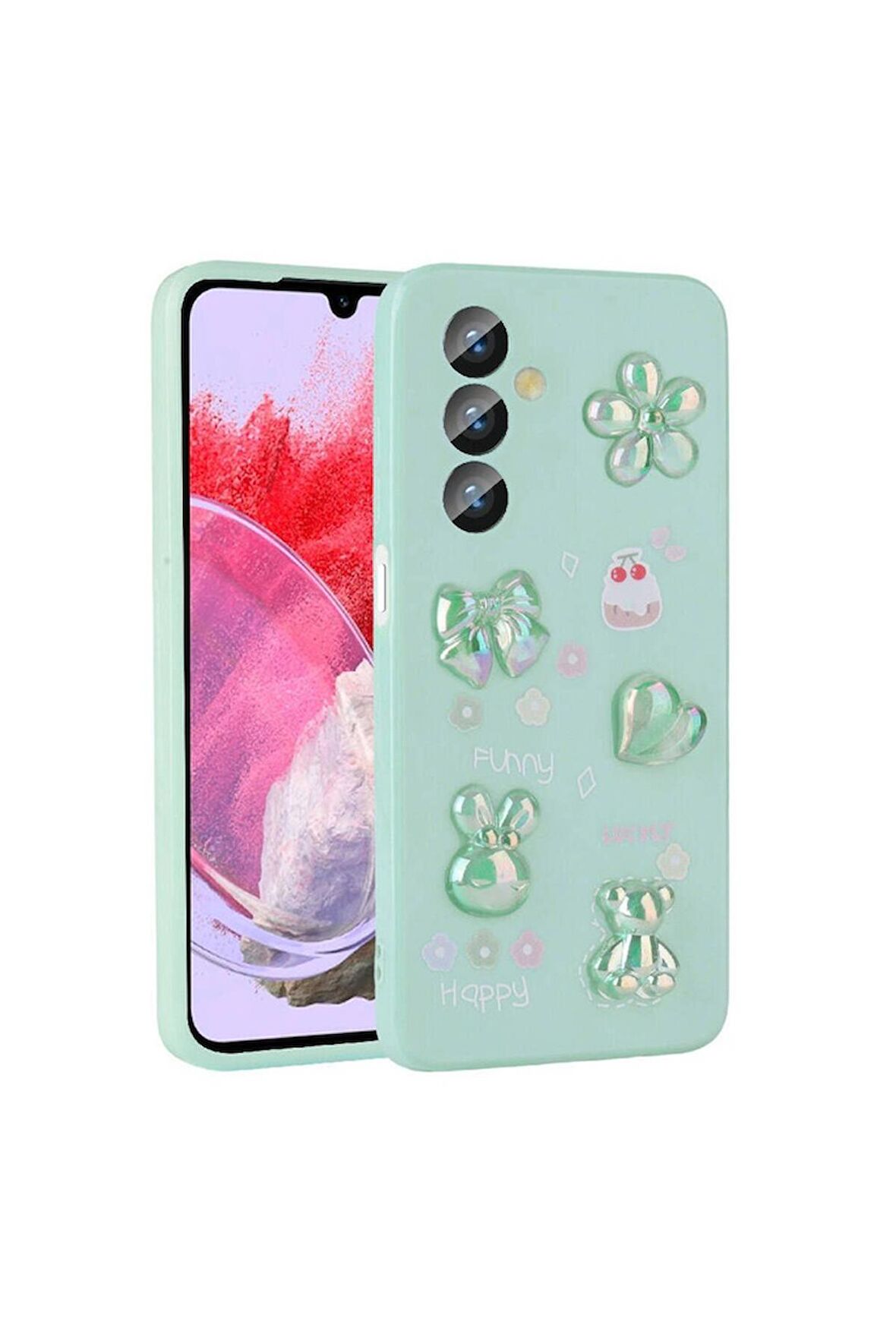 Samsung Galaxy M34 5G Uyumlu Kılıf Kabartma Figürlü Parlak Toys Silikon Kapak Açık Yeşil