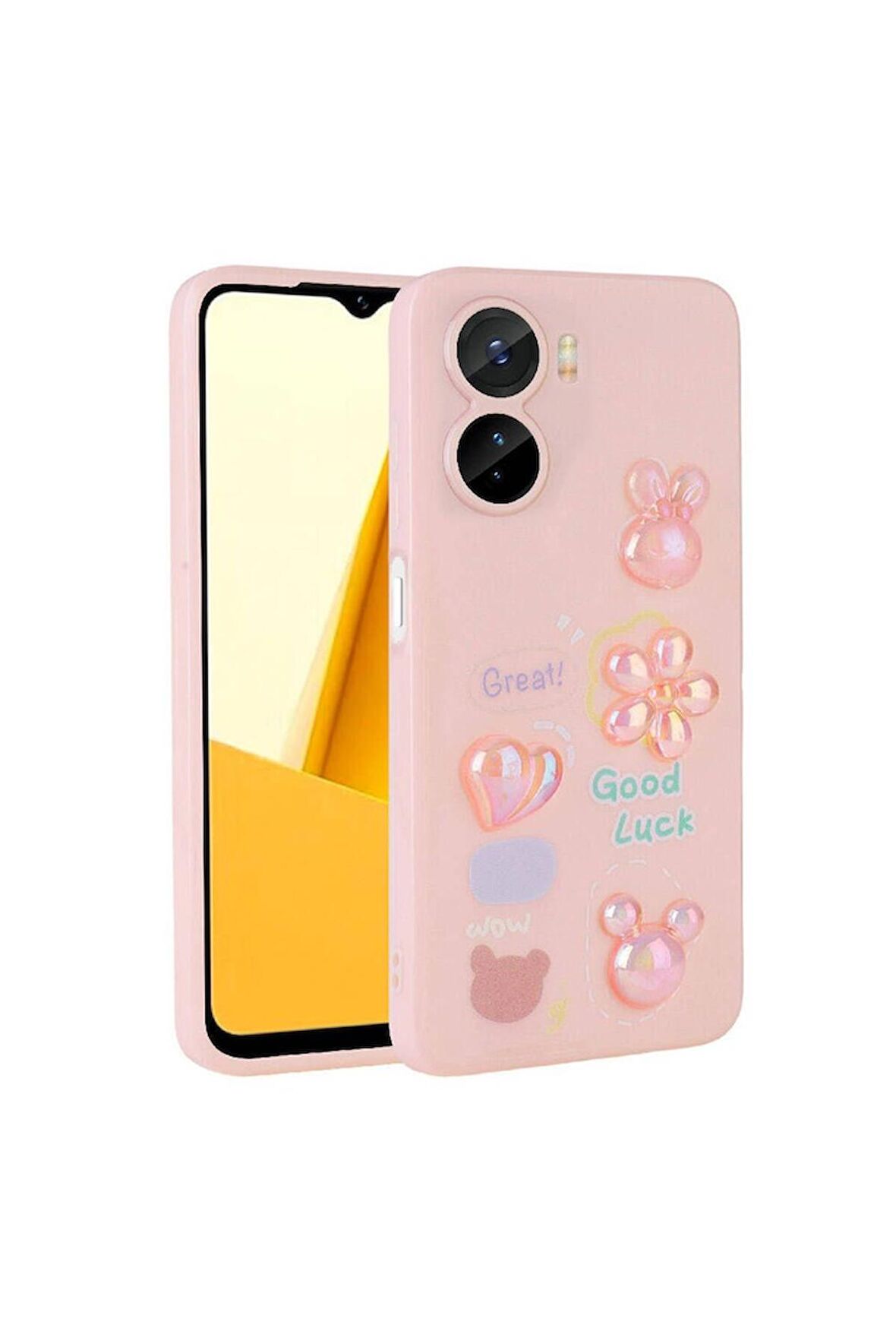 Vivo Y16 Uyumlu Kılıf Kabartma Figürlü Parlak Toys Silikon Kapak Pembe