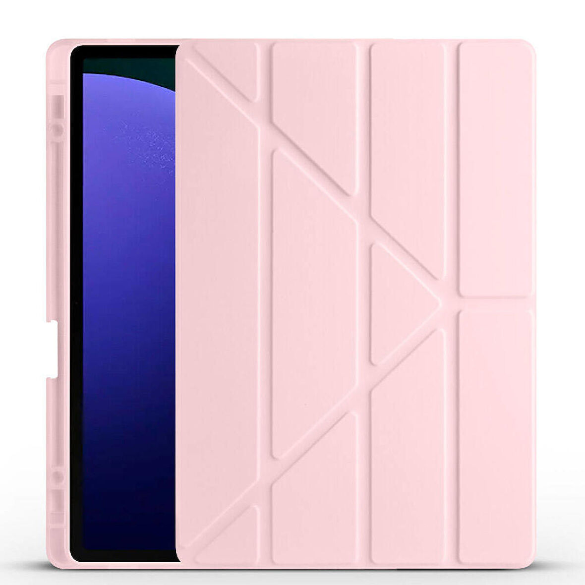Samsung Galaxy Tab S9 FE Plus Uyumlu Tablet Kılıfı Tri Folding Kalem Bölmeli Kılıf Rose Gold