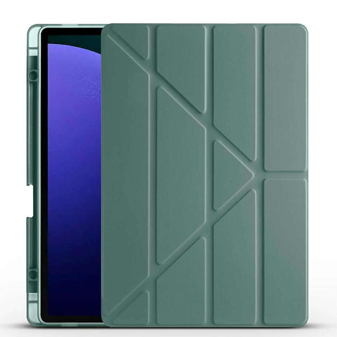 Samsung Galaxy Tab S9 FE Plus Uyumlu Tablet Kılıfı Tri Folding Kalem Bölmeli Kılıf Koyu Yeşil