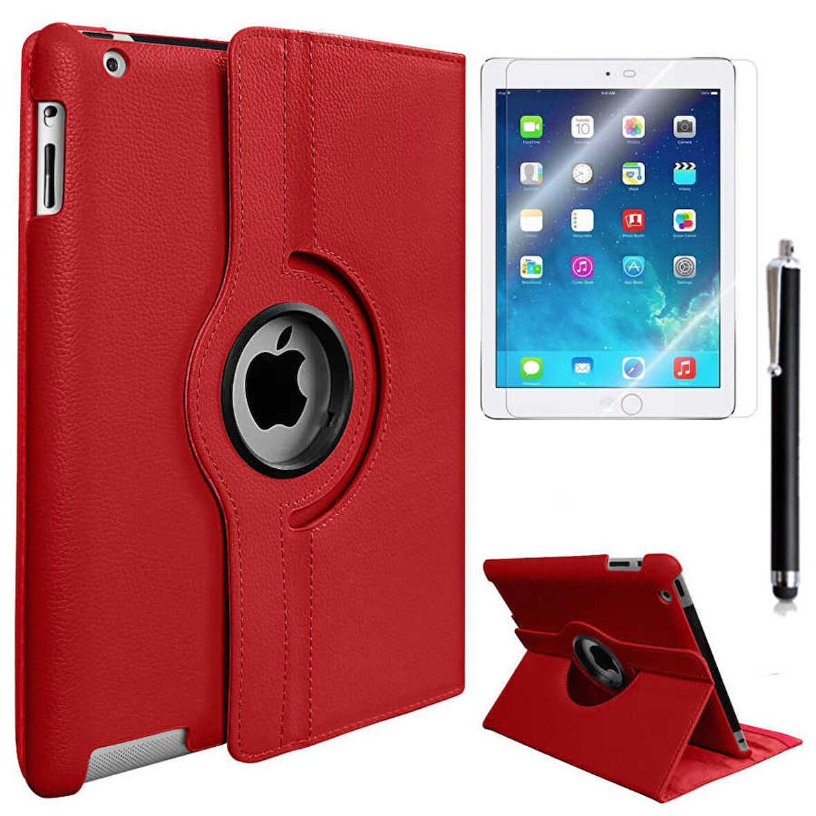 Apple iPad 2/3/4 Uyumlu Uyumlu Tablet Kılıfı 360 Dönebilen Standlı Kılıf Kırmızı