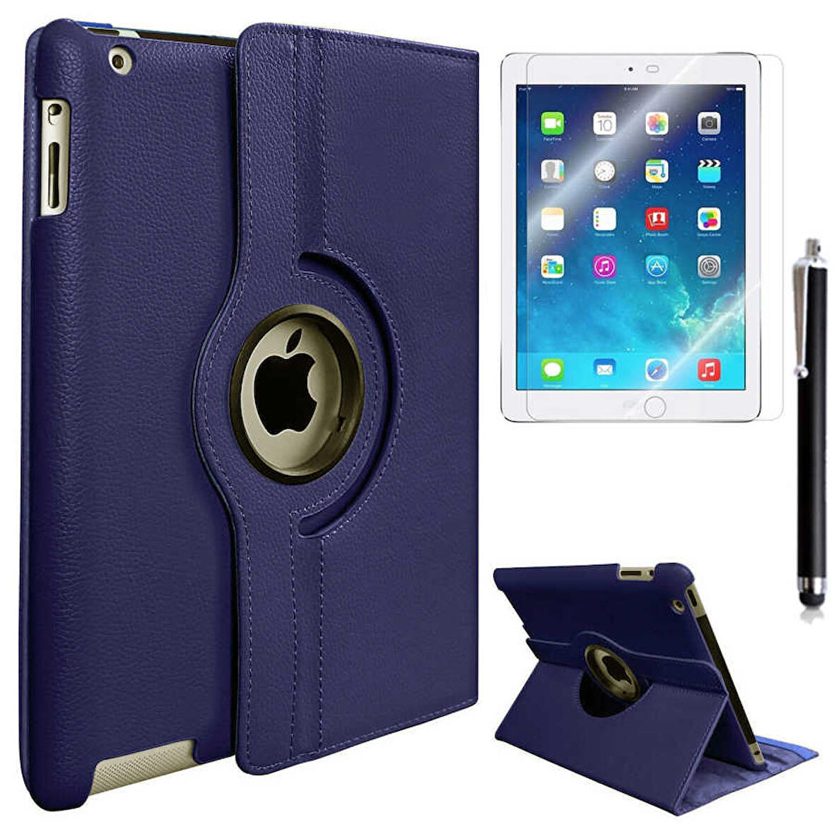 Apple iPad 2/3/4 Uyumlu Uyumlu Tablet Kılıfı 360 Dönebilen Standlı Kılıf Lacivert