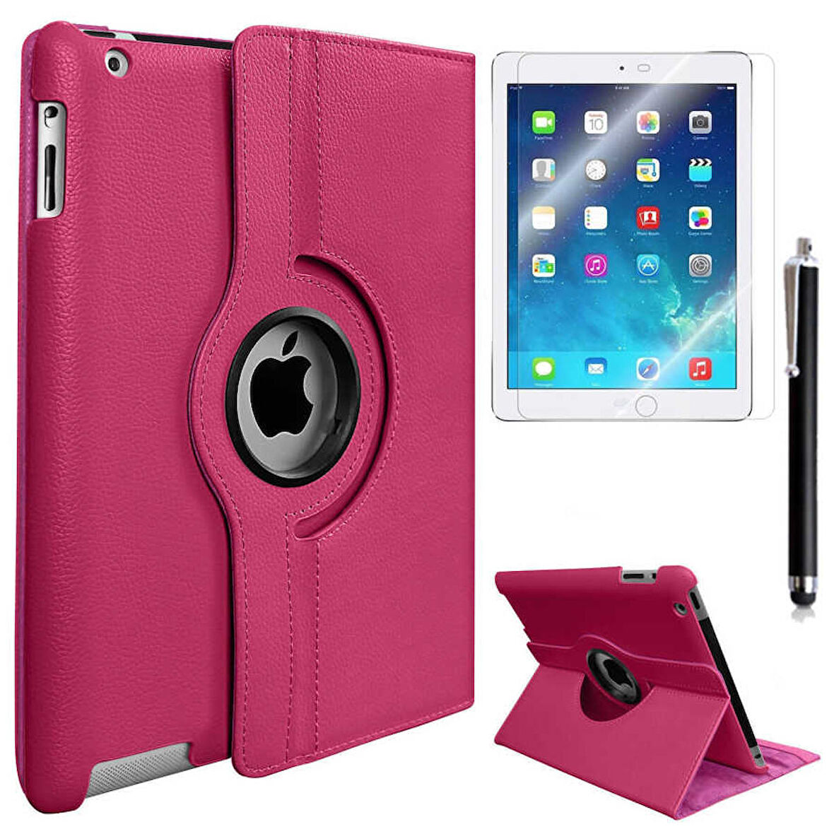 Apple iPad 2/3/4 Uyumlu Uyumlu Tablet Kılıfı 360 Dönebilen Standlı Kılıf Pembe Koyu