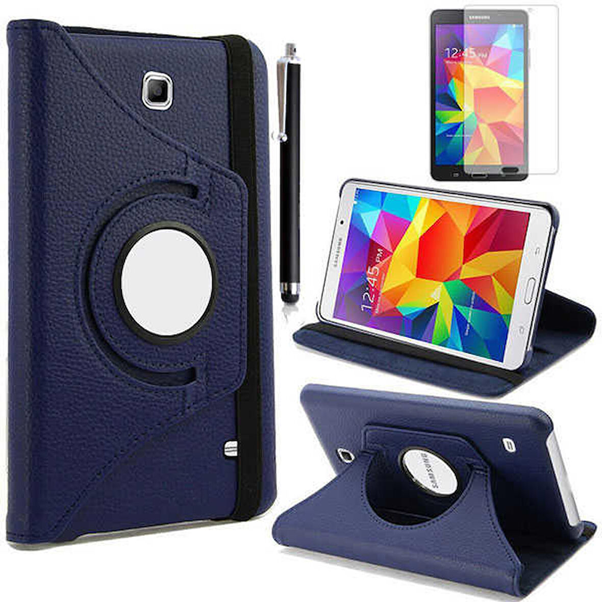 Samsung Galaxy Tab 4 7.0 T230 Uyumlu Tablet Kılıfı 360 Dönebilen Standlı Kılıf Lacivert