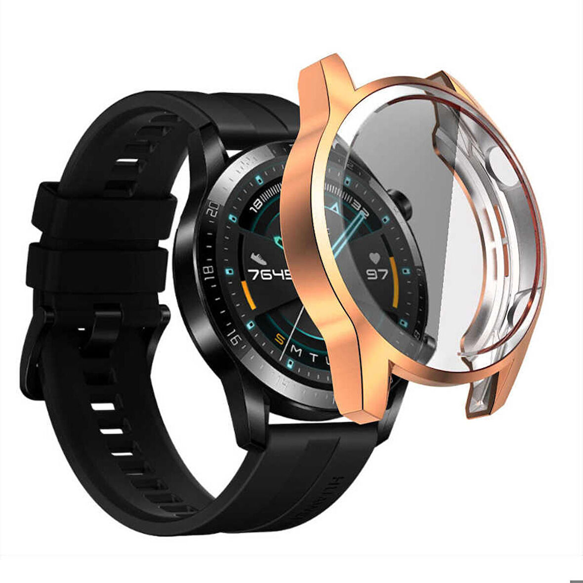 Huawei GT2 46 Mm Kasa Koruyucu Silikon Darbe Emici Tam Koruma Silikon Ekran Koruyucu Gard 02 Rose Gold