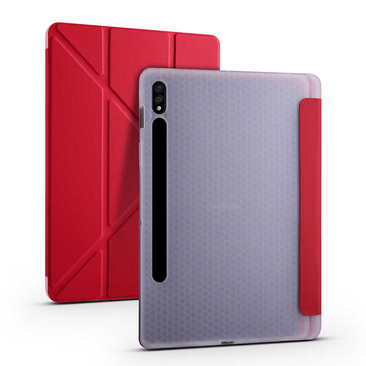 Samsung Galaxy Tab S7 Plus T970 Uyumlu Tablet Kılıfı Tri Folding Kalem Bölmeli Kılıf Kırmızı