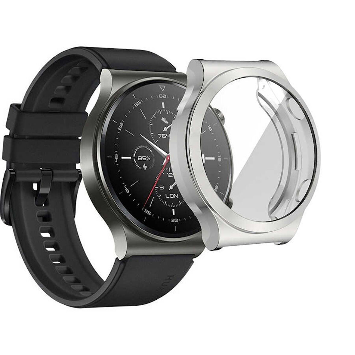 Huawei Watch GT2 Pro Uyumlu Kasa Koruyucu Silikon Darbe Emici Koruma Silikon Ekran Koruyucu Gard 02 Gümüş