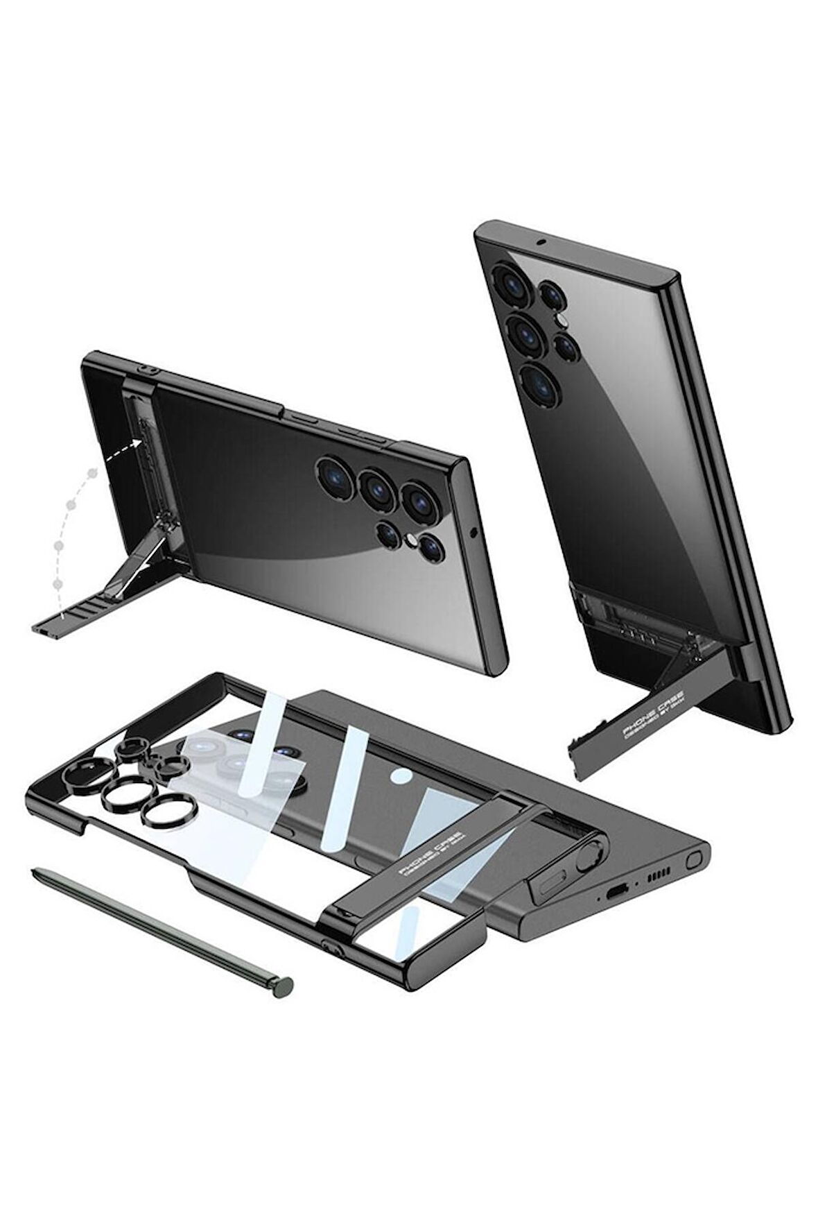 Samsung Galaxy S24 Ultra Uyumlu Kılıf Kamera Korumalı Şeffaf Dikey Standlı Ays Kapak