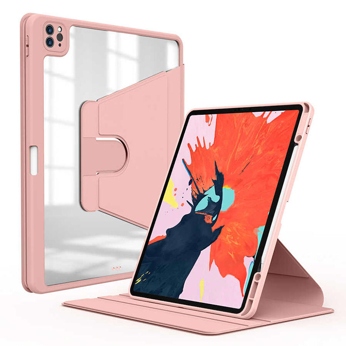 Apple iPad Pro 12.9 2021(5.Nesil) Uyumlu Tablet Kılıf Nayn Dönebilen Standlı Kılıf Pembe