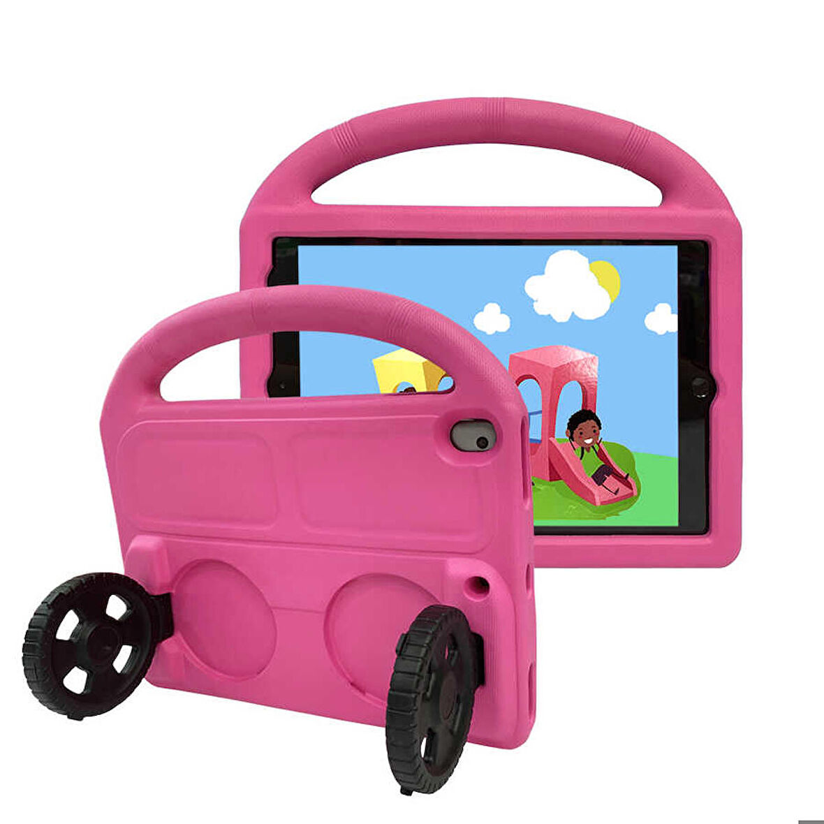 Apple iPad 10.2 (8.Nesil) Uyumlu Tablet Kılıfı Wheel Car Tekerlek Standlı Kılıf Pembe