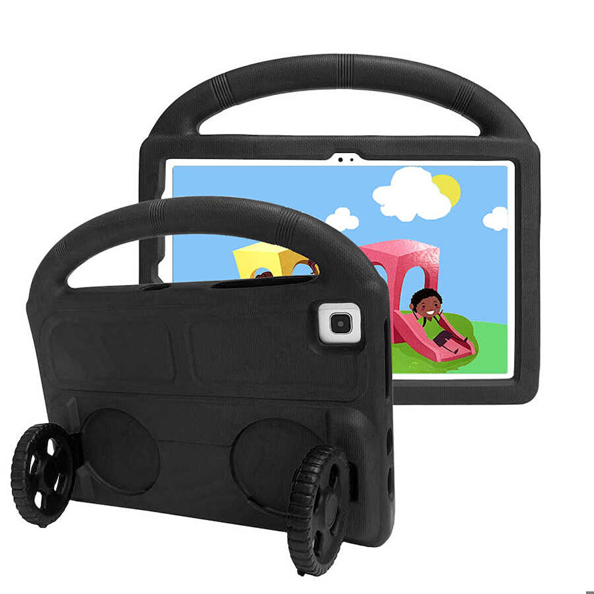 Samsung Galaxy Tab A7 10.4 T500 2020 Uyumlu Tablet Kılıfı Wheel Car Tekerlek Standlı Kılıf Siyah