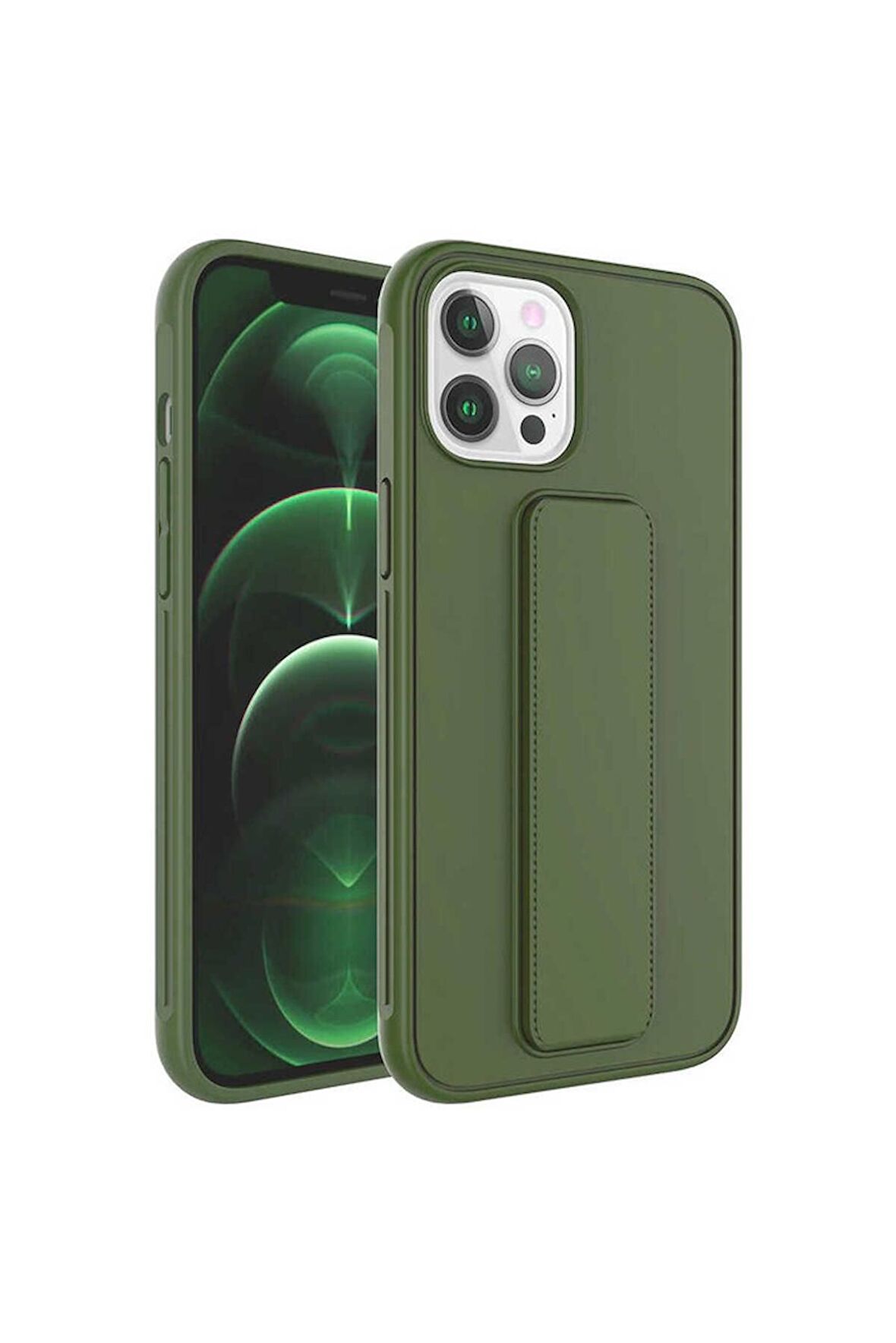 Apple iPhone 12 Pro Uyumlu Kılıf Qstand Kapak Koyu Yeşil