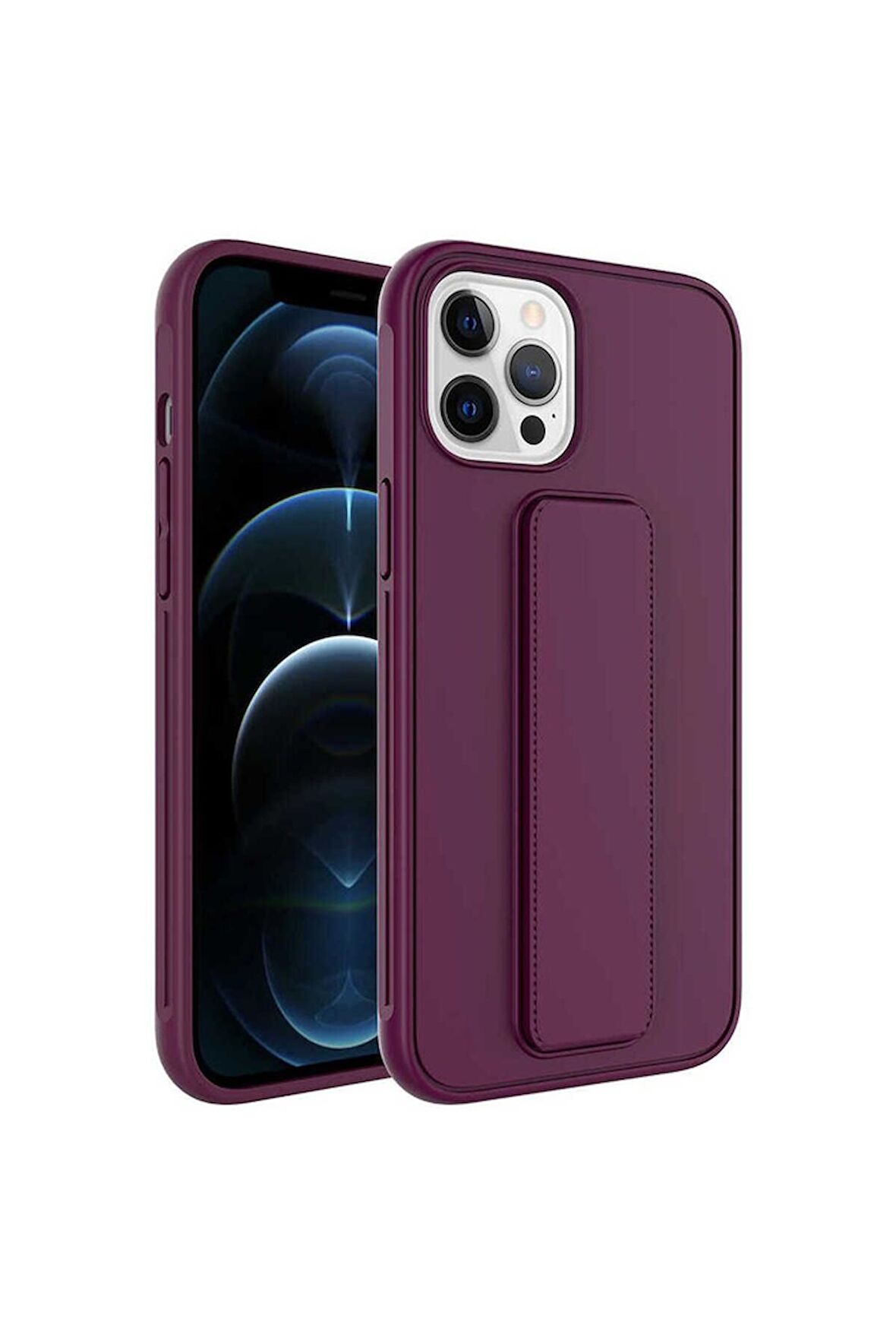 Apple iPhone 12 Pro Max Uyumlu Kılıf Qstand Kapak Mürdüm