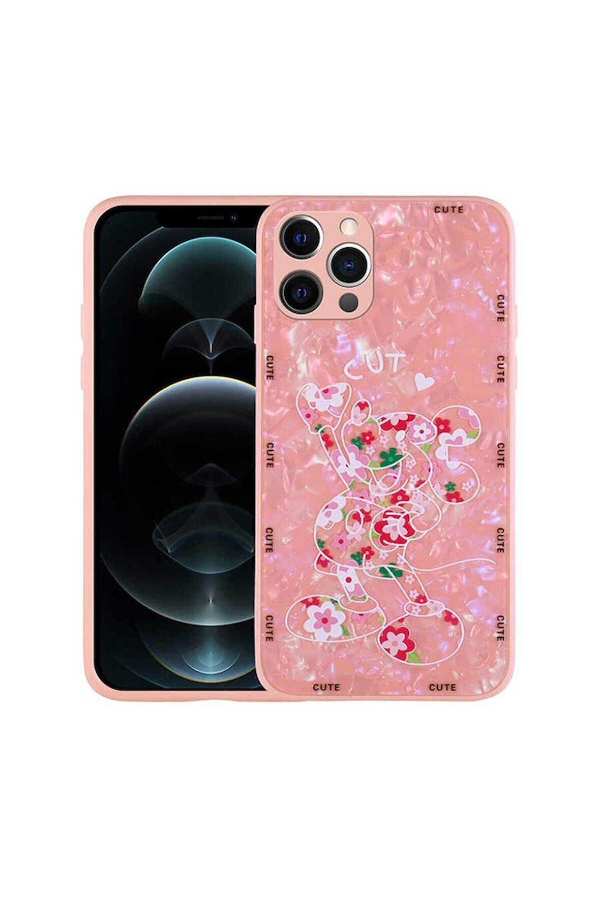 Apple iPhone 12 Pro Max Uyumlu Kılıf Desenli Sert Silikon Mumila Kapak Pink Mouse