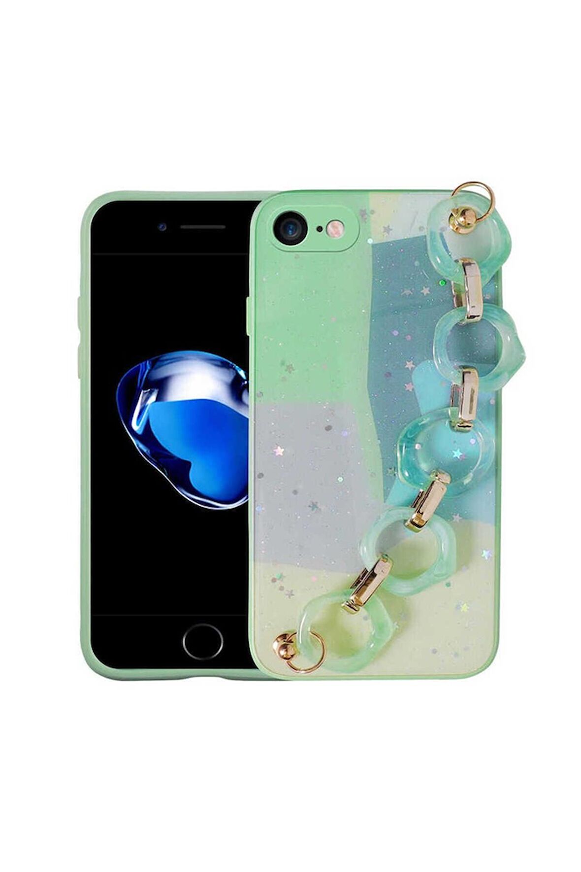 Apple iPhone 7 Uyumlu Kılıf Simli Desenli El Askılı Tutacaklı Elsa Silikon Kapak Yeşil